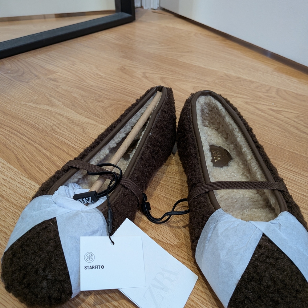 NWT Zara Chocolate Fuzzy Ballet Flats